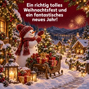 Ein Schneemann schmückt einen Baum neben einem Geschenkschlitten unter "Ein richtig tolles Weihnachtsfest und ein fantastisches neues Jahr!".