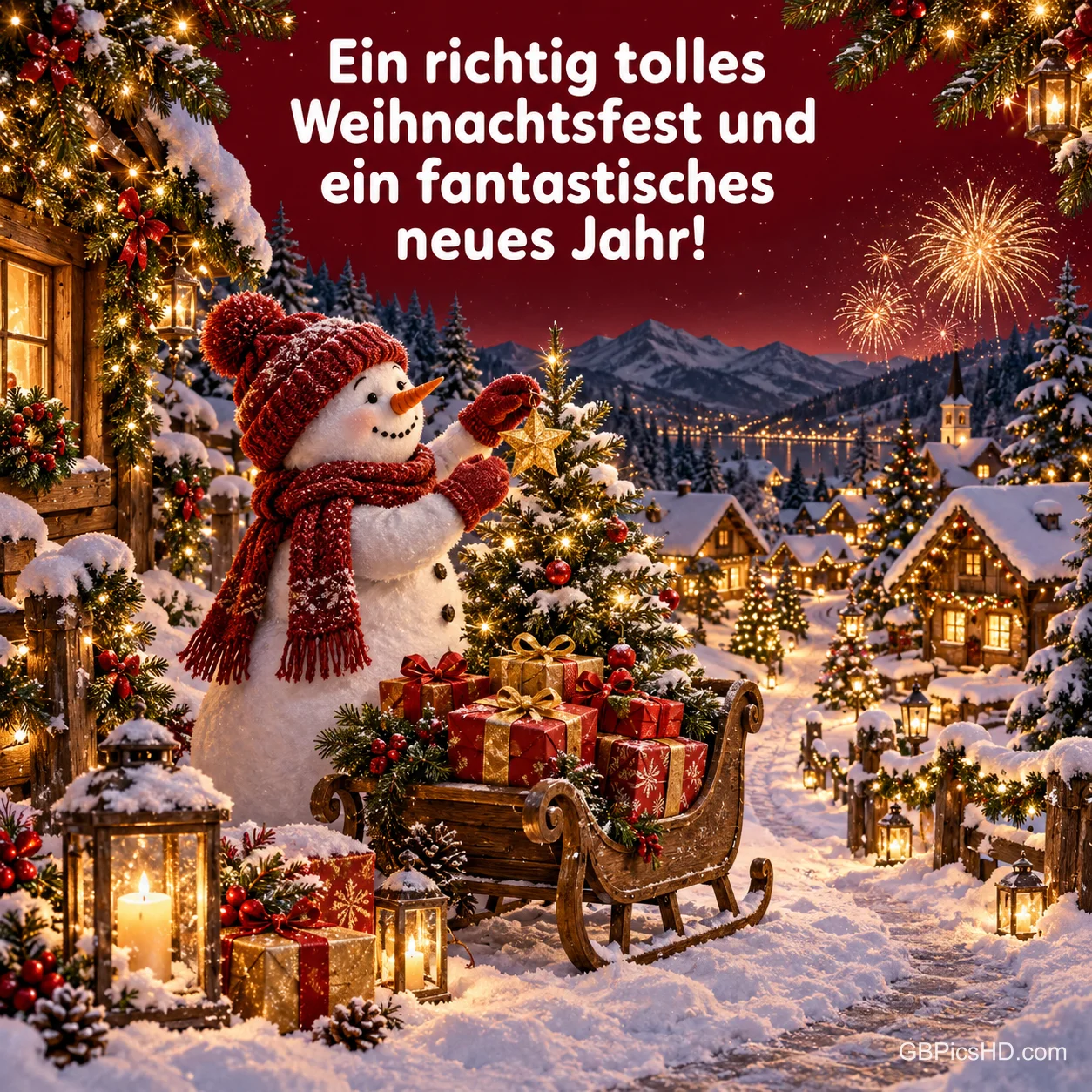 Ein Schneemann schmückt einen Baum neben einem Geschenkschlitten unter "Ein richtig tolles Weihnachtsfest und ein fantastisches neues Jahr!". Ein Schneemann schmückt einen Baum neben einem Geschenkschlitten unter "Ein richtig tolles Weihnachtsfest und ein fantastisches neues Jahr!".