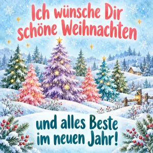 Pastellfarbene Tannen in Rosa, Lila und Türkis in einer verschneiten Hügellandschaft, oben und unten Wünsche für Weihnachten und das neue Jahr