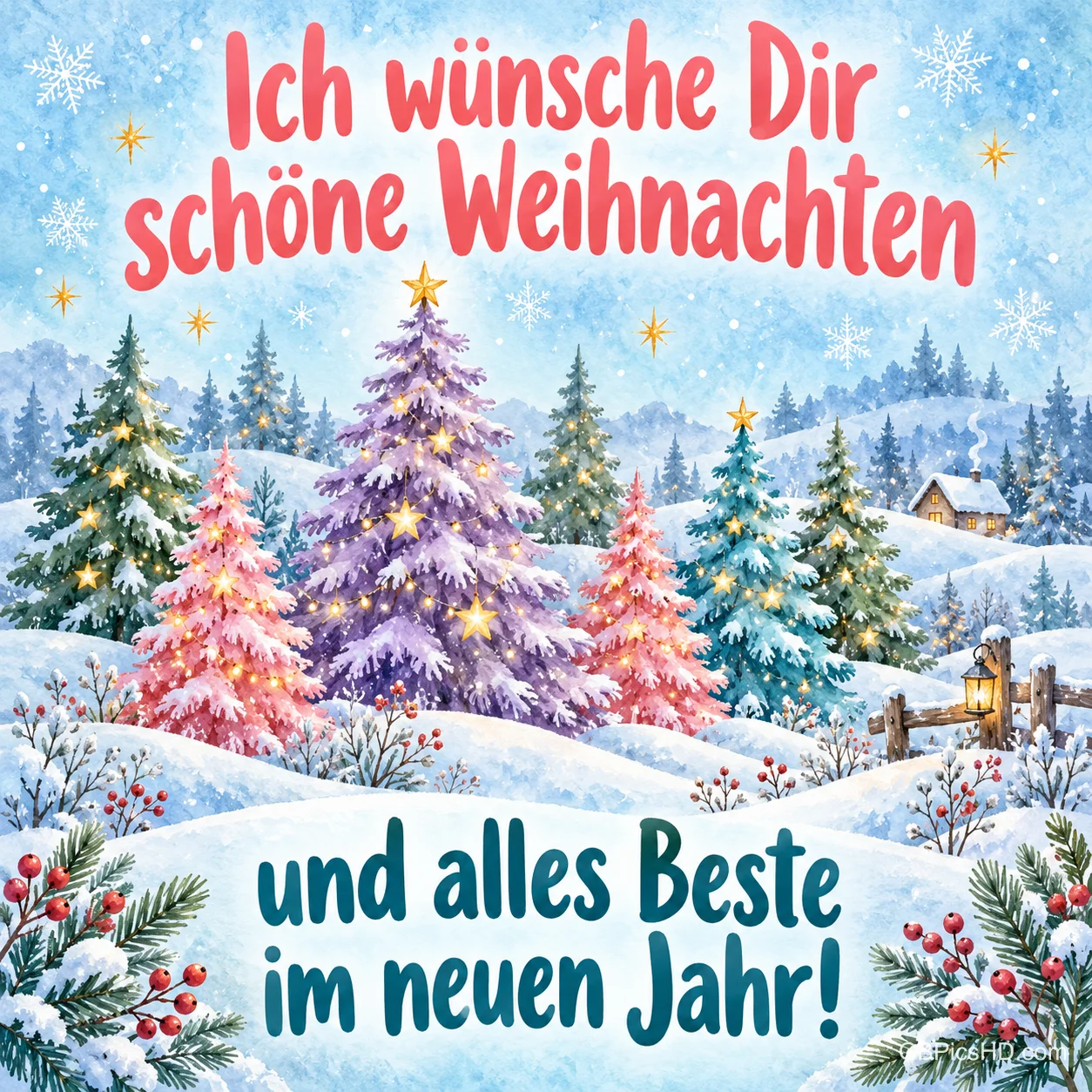 Pastellfarbene Tannen in Rosa, Lila und Türkis in einer verschneiten Hügellandschaft, oben und unten Wünsche für Weihnachten und das neue Jahr Pastellfarbene Tannen in Rosa, Lila und Türkis in einer verschneiten Hügellandschaft, oben und unten Wünsche für Weihnachten und das neue Jahr