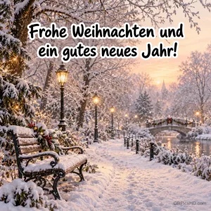 Verschneiter Parkweg mit Bank, Laternen, Brücke und Bäumen im sanften Abendlicht, oben ein Gruß zu Weihnachten und zum neuen Jahr