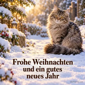 Flauschige getigerte Katze sitzt im verschneiten Garten mit Laternen und Beerensträuchern im Sonnenlicht, darunter Weihnachts- und Neujahrswünsche