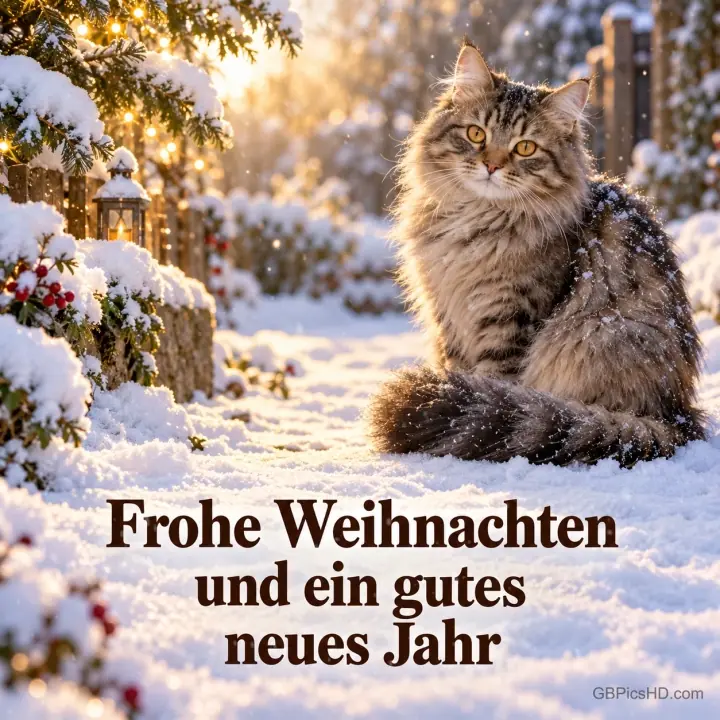 Flauschige getigerte Katze sitzt im verschneiten Garten mit Laternen und Beerensträuchern im Sonnenlicht, darunter Weihnachts- und Neujahrswünsche Flauschige getigerte Katze sitzt im verschneiten Garten mit Laternen und Beerensträuchern im Sonnenlicht, darunter Weihnachts- und Neujahrswünsche