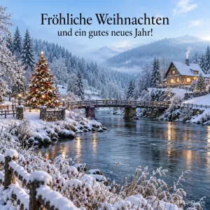 Verschneite Flusslandschaft mit Holzbrücke, beleuchtetem Weihnachtsbaum und Haus in den Bergen, darüber "Fröhliche Weihnachten und ein gutes neues Jahr!"