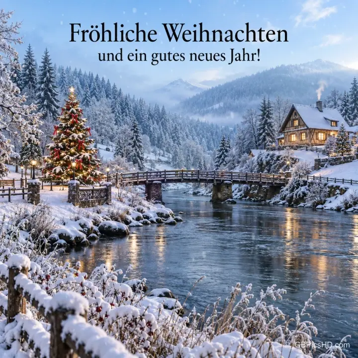 Verschneite Flusslandschaft mit Holzbrücke, beleuchtetem Weihnachtsbaum und Haus in den Bergen, darüber "Fröhliche Weihnachten und ein gutes neues Jahr!" Verschneite Flusslandschaft mit Holzbrücke, beleuchtetem Weihnachtsbaum und Haus in den Bergen, darüber "Fröhliche Weihnachten und ein gutes neues Jahr!"