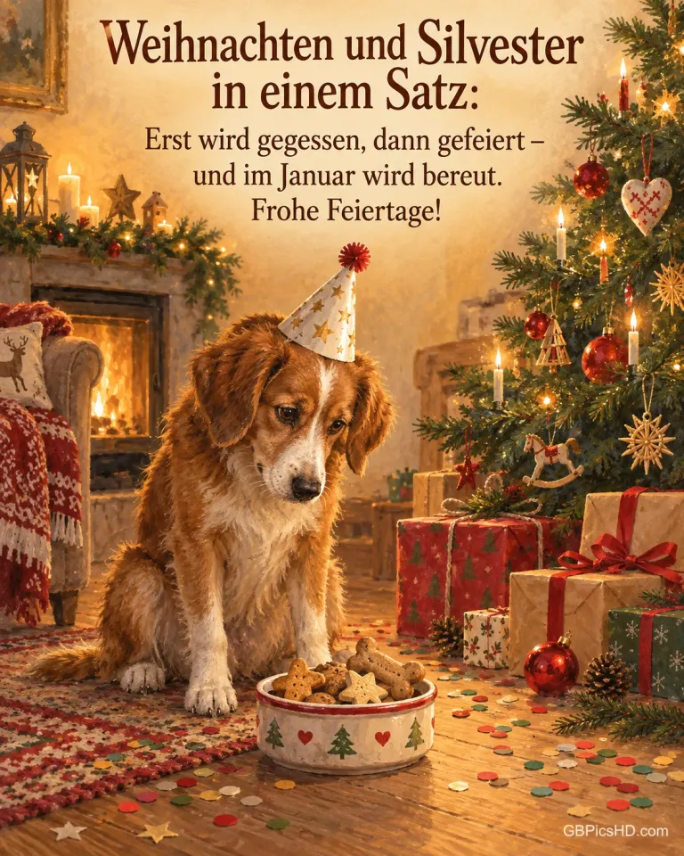 Ein Hund mit Partyhut sitzt neben dem Weihnachtsbaum vor einer Schale Kekse, Konfetti liegt auf dem Boden, dazu „Weihnachten und Silvester in einem Satz“.