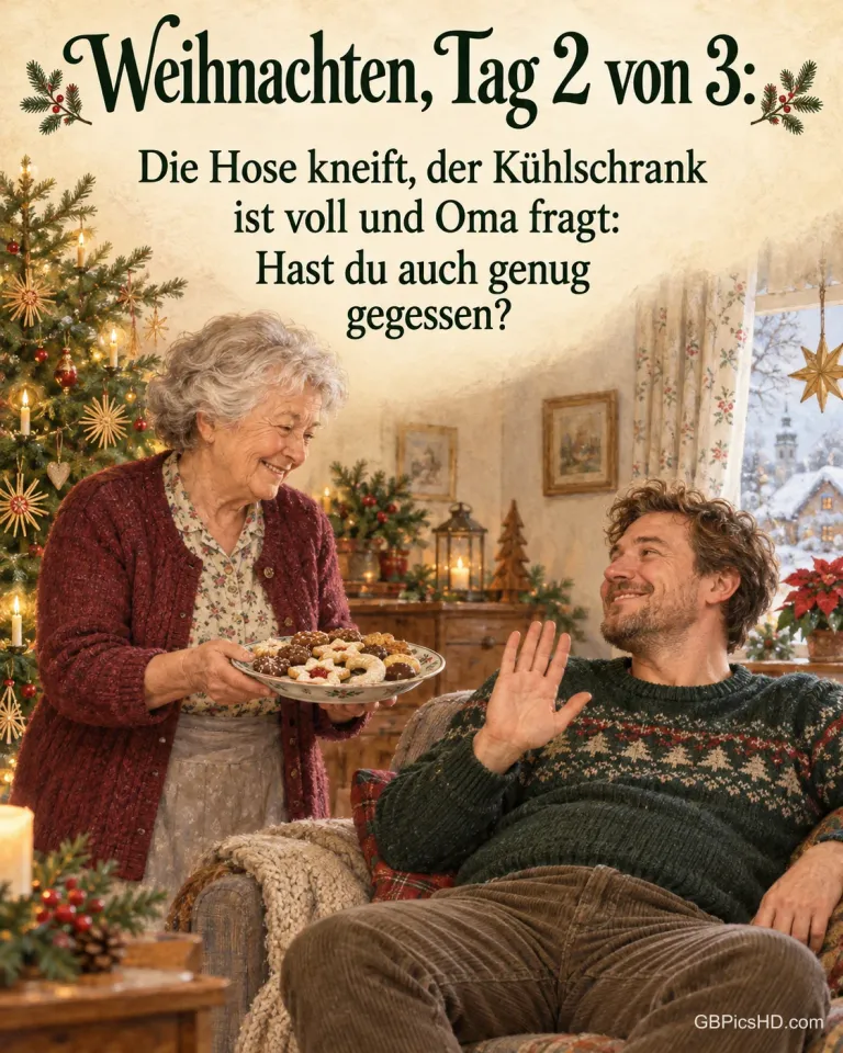 Eine Oma hält ihrem Enkel einen Teller Plätzchen hin, er hebt lachend abwehrend die Hand, dazu „Weihnachten, Tag 2 von 3“.