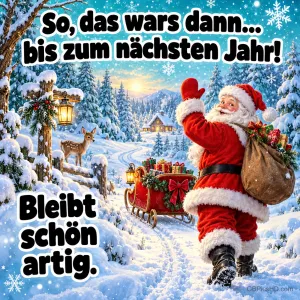 Weihnachtsmann mit Geschenksack winkt zum Abschied auf einem verschneiten Waldweg mit Schlitten, Reh und Laterne, dazu ein augenzwinkernder Abschiedsgruß