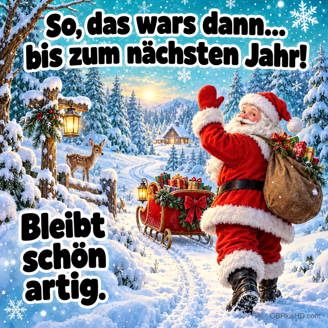 Weihnachtsmann mit Geschenksack winkt zum Abschied auf einem verschneiten Waldweg mit Schlitten, Reh und Laterne, dazu ein augenzwinkernder Abschiedsgruß Weihnachtsmann mit Geschenksack winkt zum Abschied auf einem verschneiten Waldweg mit Schlitten, Reh und Laterne, dazu ein augenzwinkernder Abschiedsgruß