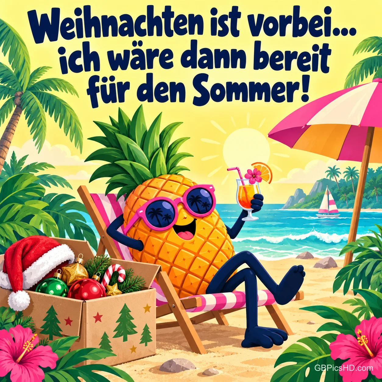Lustige Ananas mit Herzsonnenbrille und Cocktail im Liegestuhl am Strand, daneben eine Kiste mit Weihnachtsschmuck und Weihnachtsmütze unter Palmen Lustige Ananas mit Herzsonnenbrille und Cocktail im Liegestuhl am Strand, daneben eine Kiste mit Weihnachtsschmuck und Weihnachtsmütze unter Palmen