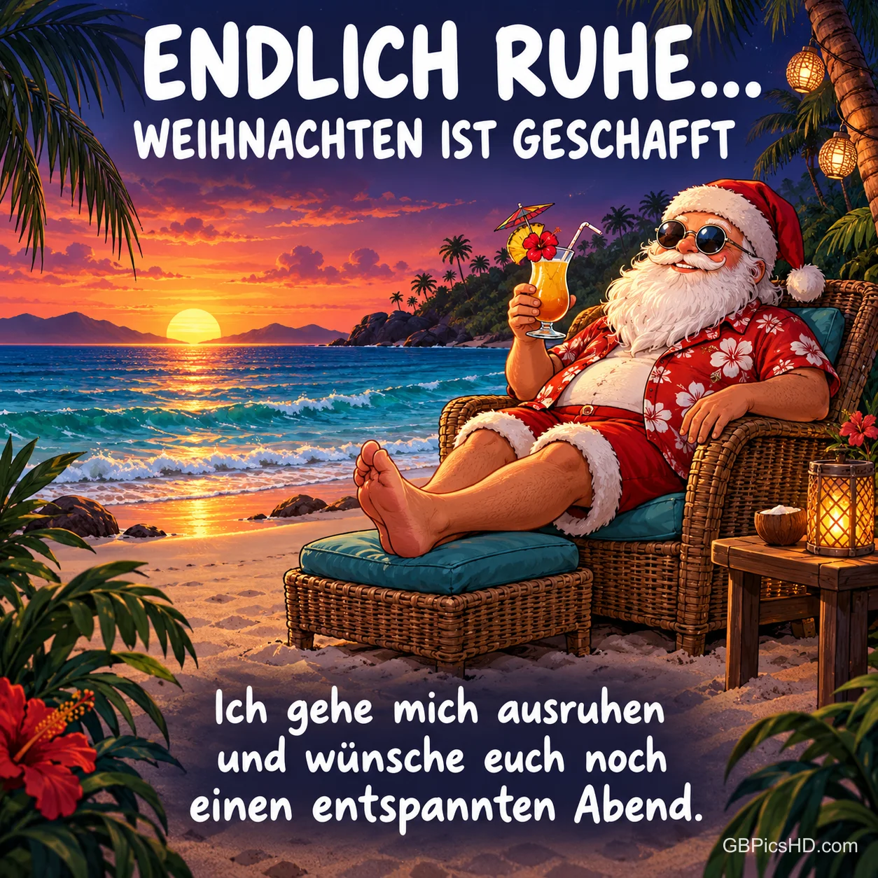 Weihnachtsmann mit Sonnenbrille und Hawaiihemd entspannt im Korbsessel am Strand mit Cocktail bei Sonnenuntergang, Text "Endlich Ruhe… Weihnachten ist geschafft" Weihnachtsmann mit Sonnenbrille und Hawaiihemd entspannt im Korbsessel am Strand mit Cocktail bei Sonnenuntergang, Text "Endlich Ruhe… Weihnachten ist geschafft"