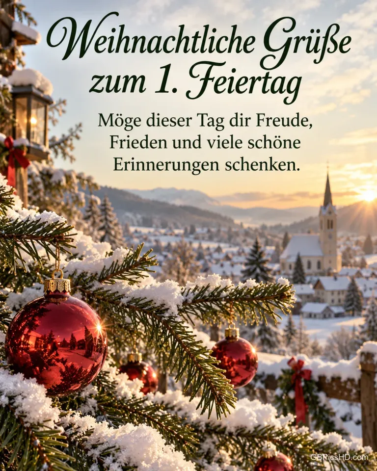 Rote Weihnachtskugeln an einem verschneiten Tannenzweig in der Morgensonne, dahinter ein Dorf mit Kirche, dazu "Weihnachtliche Grüße zum 1. Feiertag".