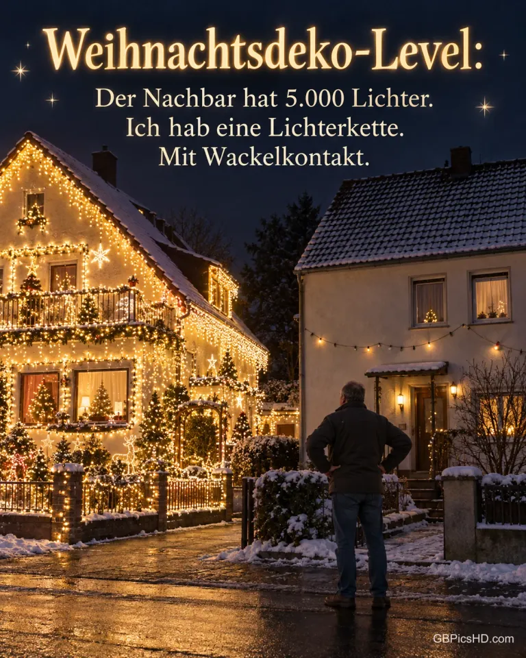 Ein Mann steht vor seinem Haus mit einer einzigen Lichterkette und schaut auf das hell erleuchtete Nachbarhaus voller Lichter, dazu „Weihnachtsdeko-Level“.