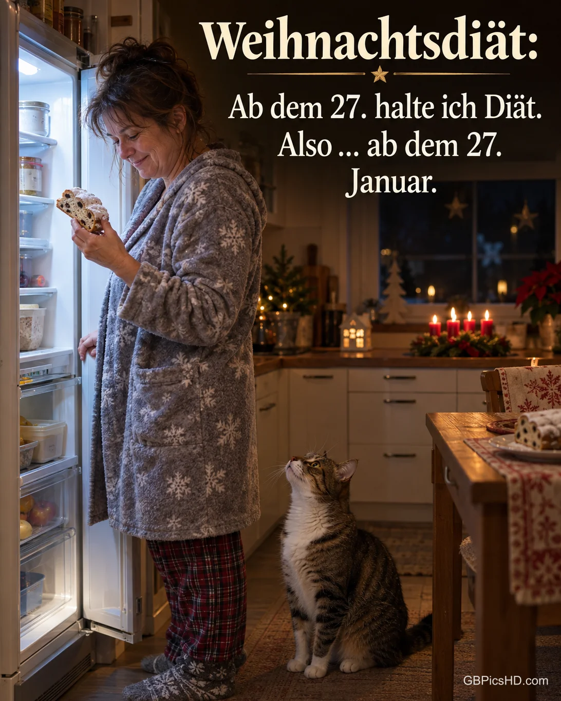 Eine Frau steht nachts mit einem Stück Stollen am offenen Kühlschrank, die Katze schaut zu ihr hoch, dazu „Weihnachtsdiät“. Eine Frau steht nachts mit einem Stück Stollen am offenen Kühlschrank, die Katze schaut zu ihr hoch, dazu „Weihnachtsdiät“.