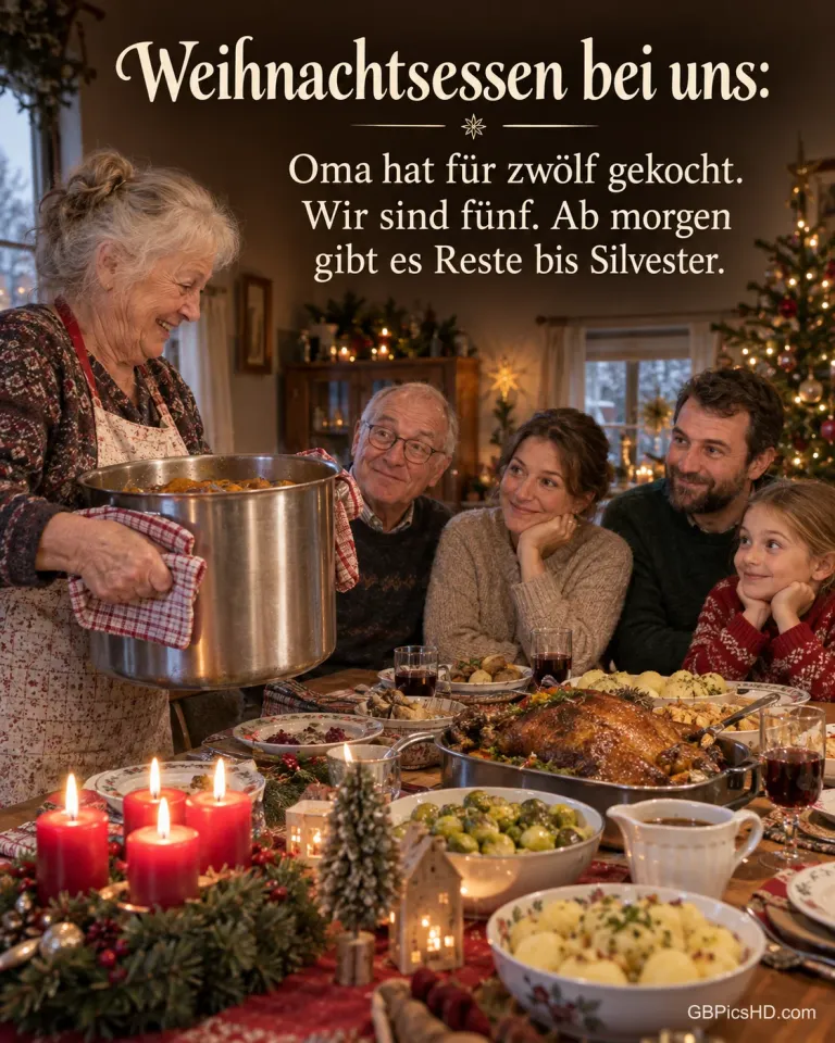Eine Oma trägt stolz noch einen großen Topf an den festlich gedeckten Tisch, die Familie schaut amüsiert auf den Topf, dazu „Weihnachtsessen bei uns“.