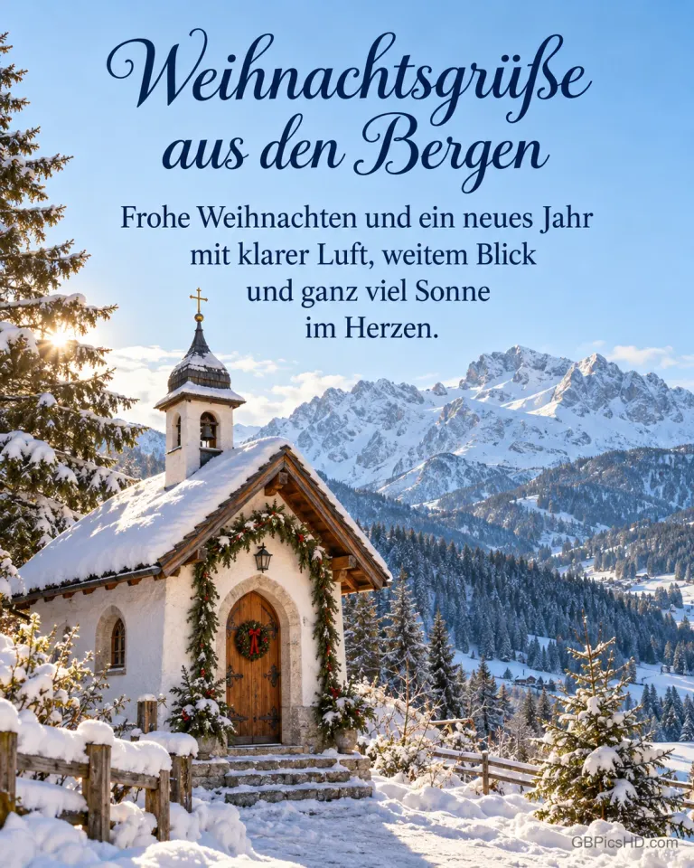 Eine kleine geschmückte Bergkapelle unter dem verschneiten Zugspitzmassiv an einem sonnigen Wintertag, dazu „Weihnachtsgrüße aus den Bergen“.