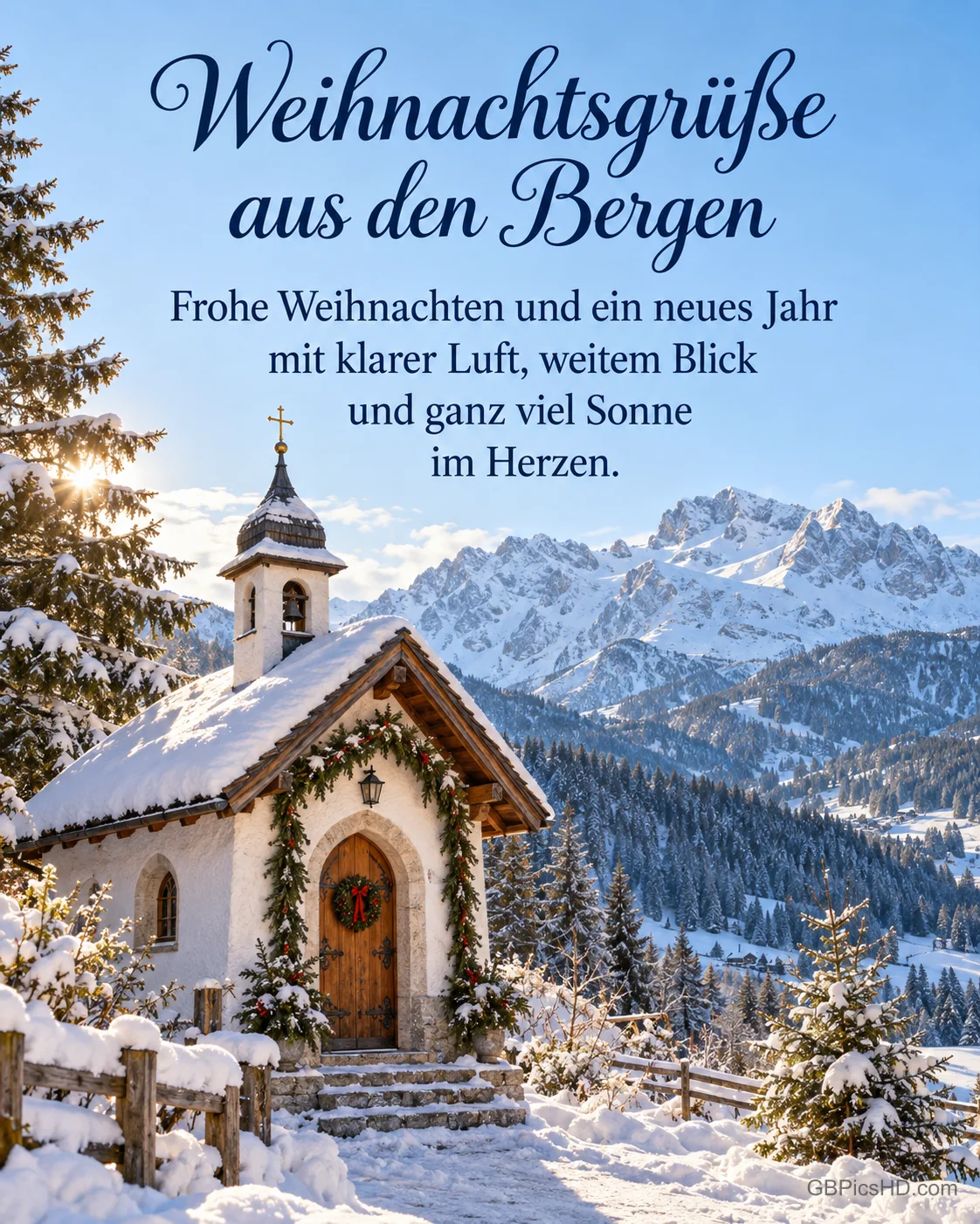Eine kleine geschmückte Bergkapelle unter dem verschneiten Zugspitzmassiv an einem sonnigen Wintertag, dazu „Weihnachtsgrüße aus den Bergen“.