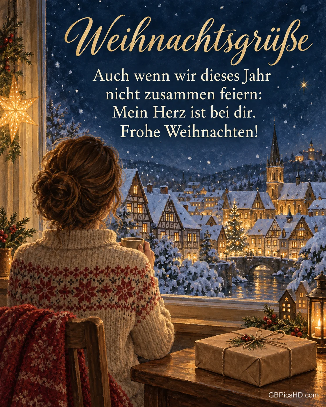 Eine Frau schaut von hinten am Fenster auf eine verschneite, beleuchtete Stadt, neben ihr liegt ein Päckchen zum Verschicken, dazu „Weihnachtsgrüße“.