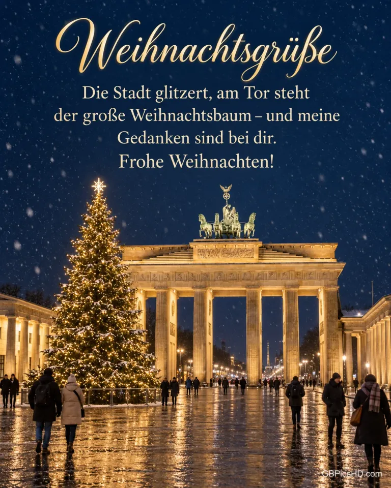 Das Brandenburger Tor in Berlin bei Nacht mit einem großen leuchtenden Weihnachtsbaum, leichter Schneefall, dazu "Weihnachtsgrüße".