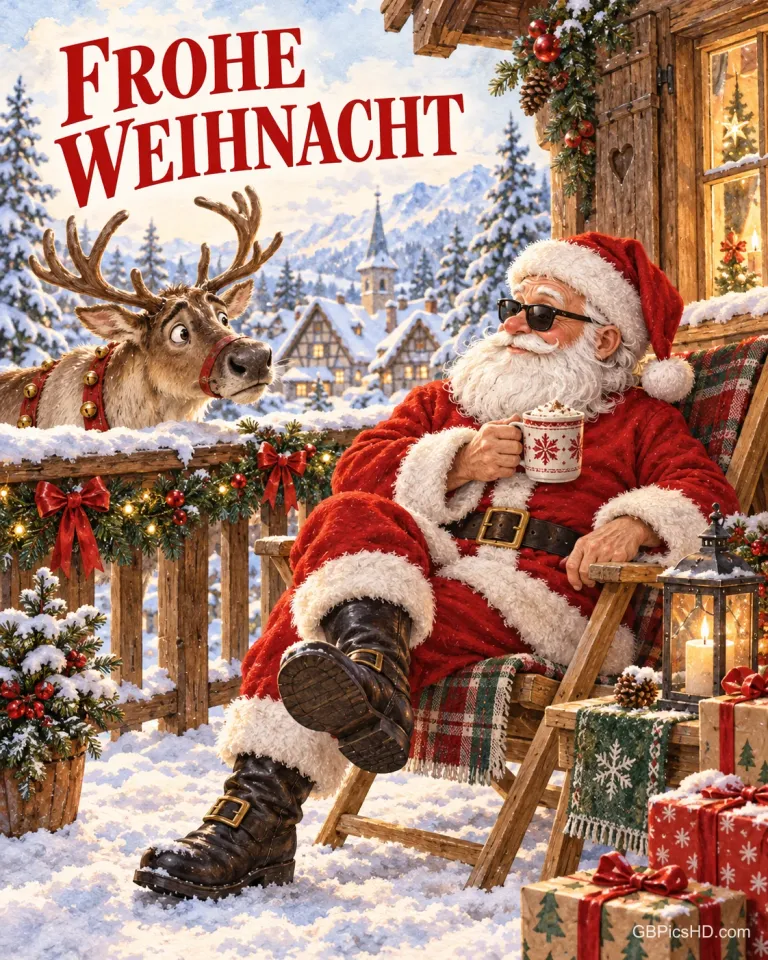 Der Weihnachtsmann entspannt mit Sonnenbrille und Kakao im Liegestuhl auf einem verschneiten Balkon, ein Rentier schaut ungläubig über das Geländer, dazu „FROHE WEIHNACHT“.