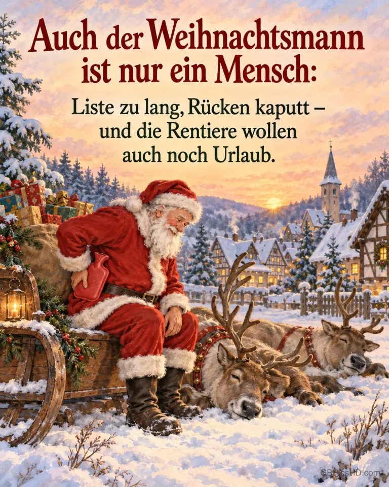 Der Weihnachtsmann sitzt mit Wärmflasche am Rücken auf seinem Schlitten, die Rentiere liegen faul im Schnee, dazu „Auch der Weihnachtsmann ist nur ein Mensch“.