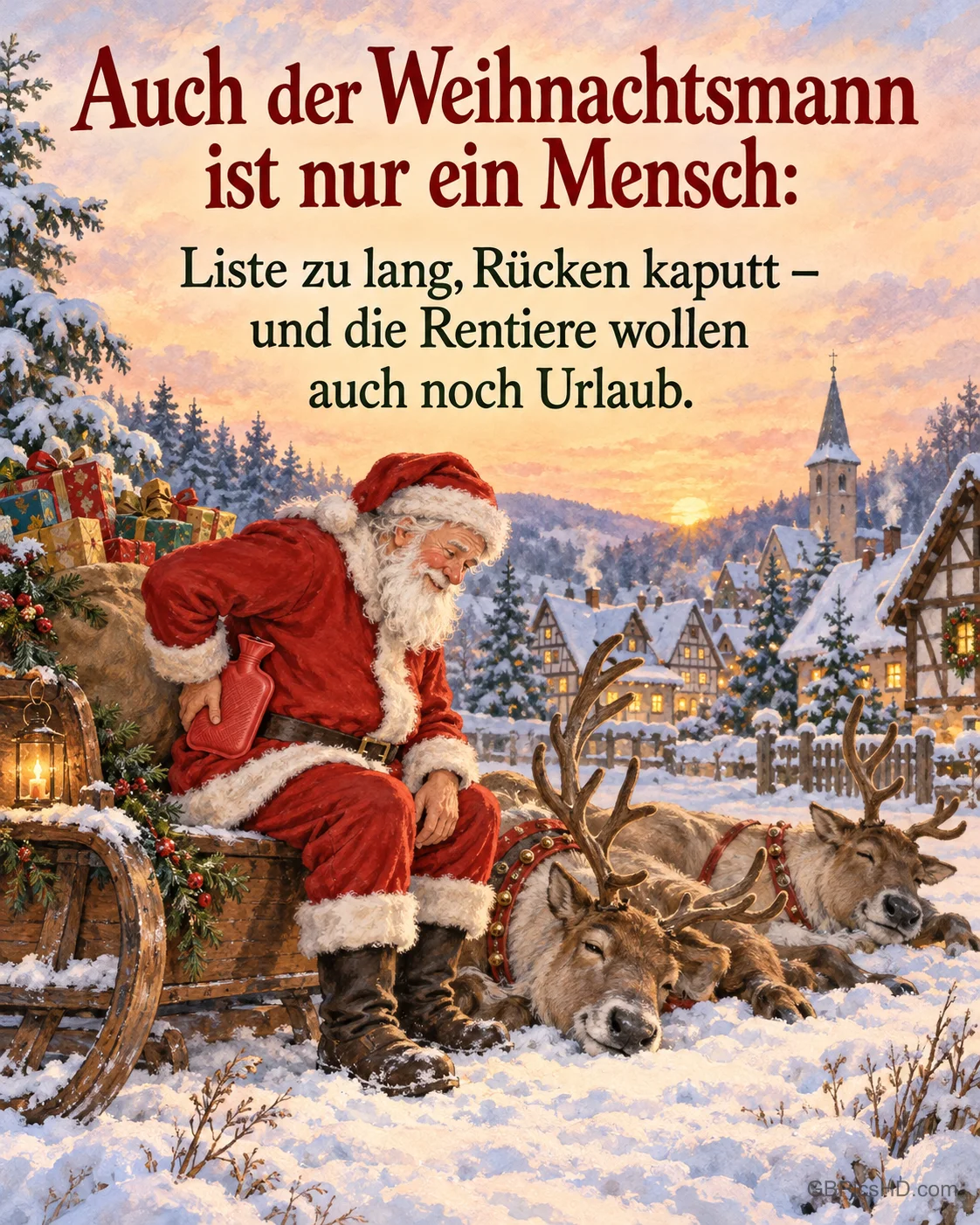 Der Weihnachtsmann sitzt mit Wärmflasche am Rücken auf seinem Schlitten, die Rentiere liegen faul im Schnee, dazu „Auch der Weihnachtsmann ist nur ein Mensch“. Der Weihnachtsmann sitzt mit Wärmflasche am Rücken auf seinem Schlitten, die Rentiere liegen faul im Schnee, dazu „Auch der Weihnachtsmann ist nur ein Mensch“.