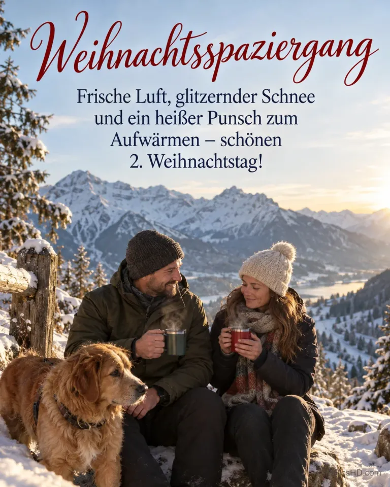 Ein Paar mit dampfenden Bechern und Hund rastet an einem sonnigen, verschneiten Bergweg, dazu "Weihnachtsspaziergang".