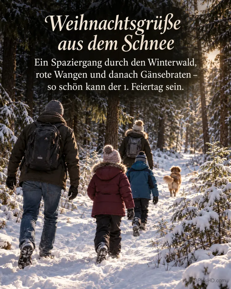 Eine Familie wandert von hinten gesehen durch den verschneiten Harzwald, ein Hund läuft voraus, dazu „Weihnachtsgrüße aus dem Schnee“.