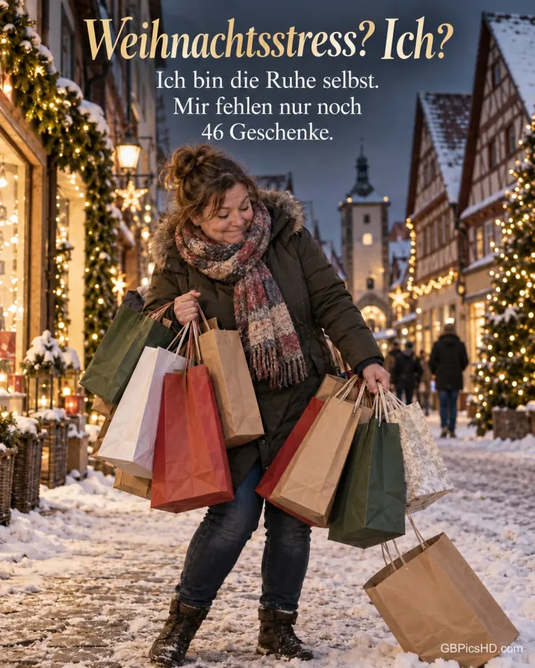 Eine Frau jongliert in einer verschneiten Fußgängerzone viel zu viele Einkaufstüten und lächelt tapfer, dazu "Weihnachtsstress? Ich?".