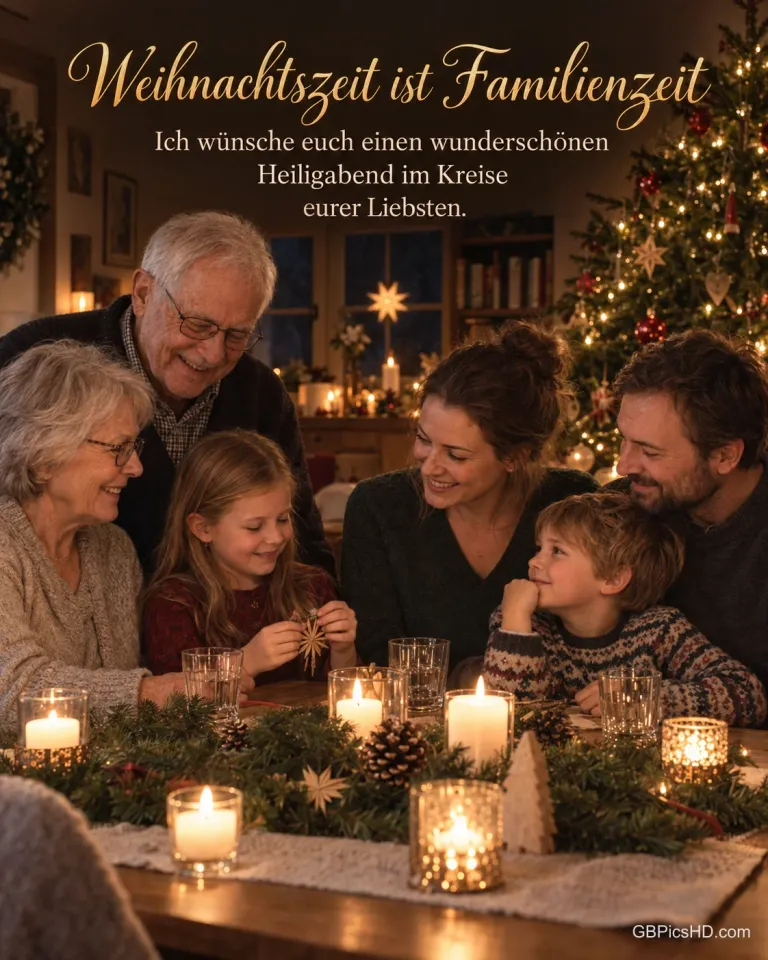 Drei Generationen einer Familie sitzen an der festlich geschmückten Tafel mit Kerzen, dazu "Weihnachtszeit ist Familienzeit".
