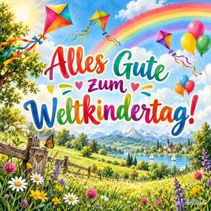 Bunte Drachen und Luftballons fliegen unter einem Regenbogen über eine sonnige Blumenwiese, dazu der farbenfrohe Gruß "Alles Gute zum Weltkindertag!".