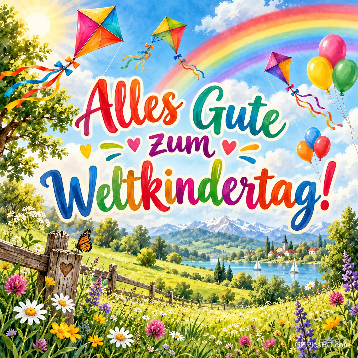 Bunte Drachen und Luftballons fliegen unter einem Regenbogen über eine sonnige Blumenwiese, dazu der farbenfrohe Gruß "Alles Gute zum Weltkindertag!". Bunte Drachen und Luftballons fliegen unter einem Regenbogen über eine sonnige Blumenwiese, dazu der farbenfrohe Gruß "Alles Gute zum Weltkindertag!".