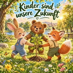 Ein Hasen-, ein Bären- und ein Fuchskind halten sich im sonnigen Park um ein junges Bäumchen an den Händen, darüber "Kinder sind unsere Zukunft".
