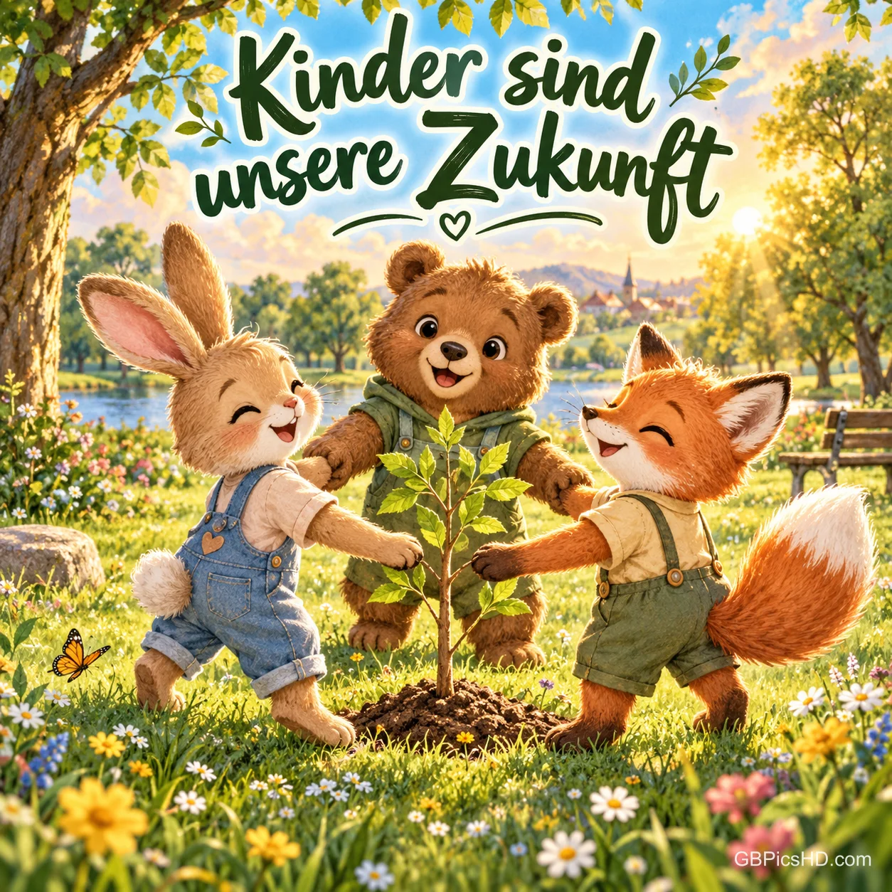 Ein Hasen-, ein Bären- und ein Fuchskind halten sich im sonnigen Park um ein junges Bäumchen an den Händen, darüber "Kinder sind unsere Zukunft". Ein Hasen-, ein Bären- und ein Fuchskind halten sich im sonnigen Park um ein junges Bäumchen an den Händen, darüber "Kinder sind unsere Zukunft".