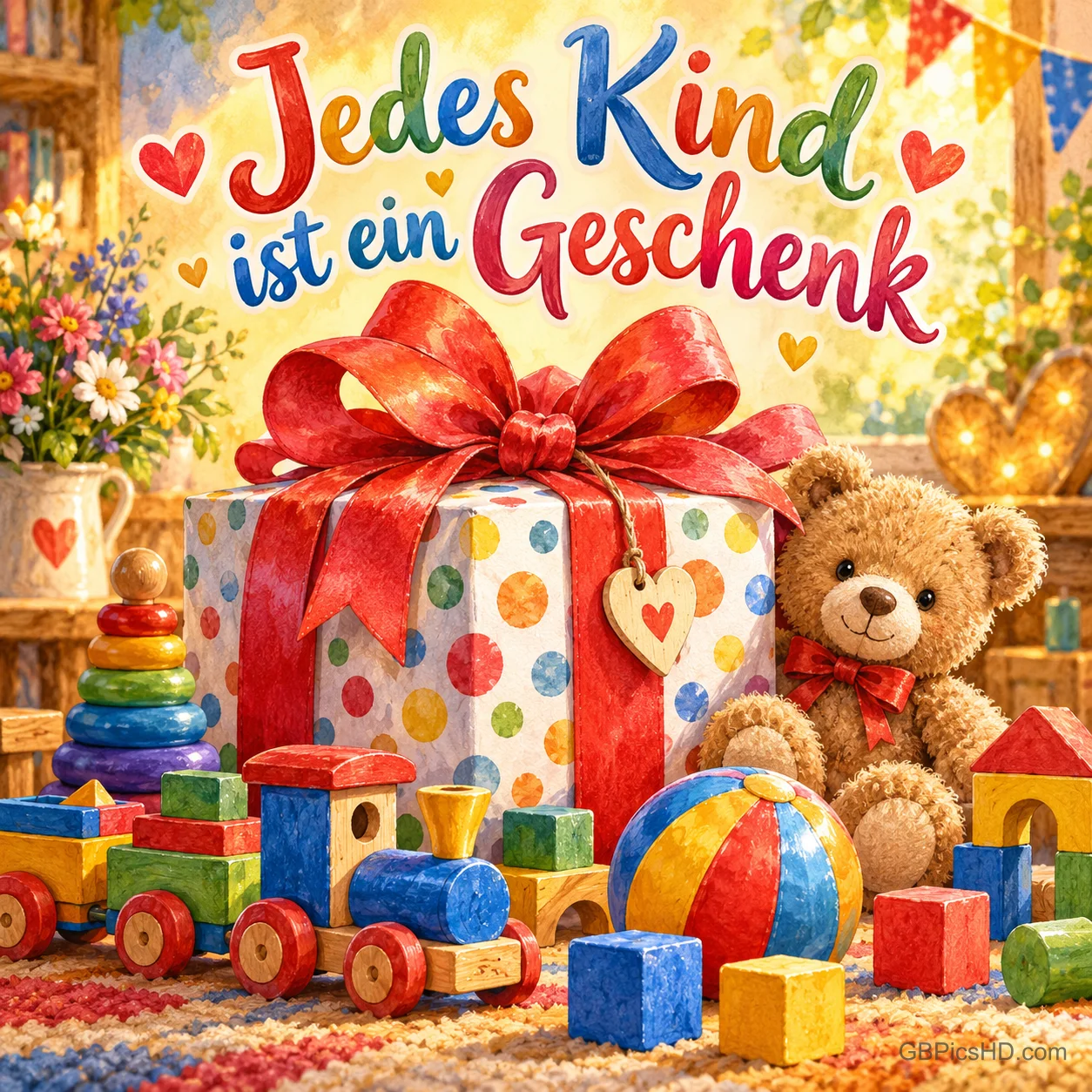 Ein großes gepunktetes Geschenk mit roter Schleife zwischen Teddybär, Holzeisenbahn, Ball und Bauklötzen mit dem Text "Jedes Kind ist ein Geschenk". Ein großes gepunktetes Geschenk mit roter Schleife zwischen Teddybär, Holzeisenbahn, Ball und Bauklötzen mit dem Text "Jedes Kind ist ein Geschenk".