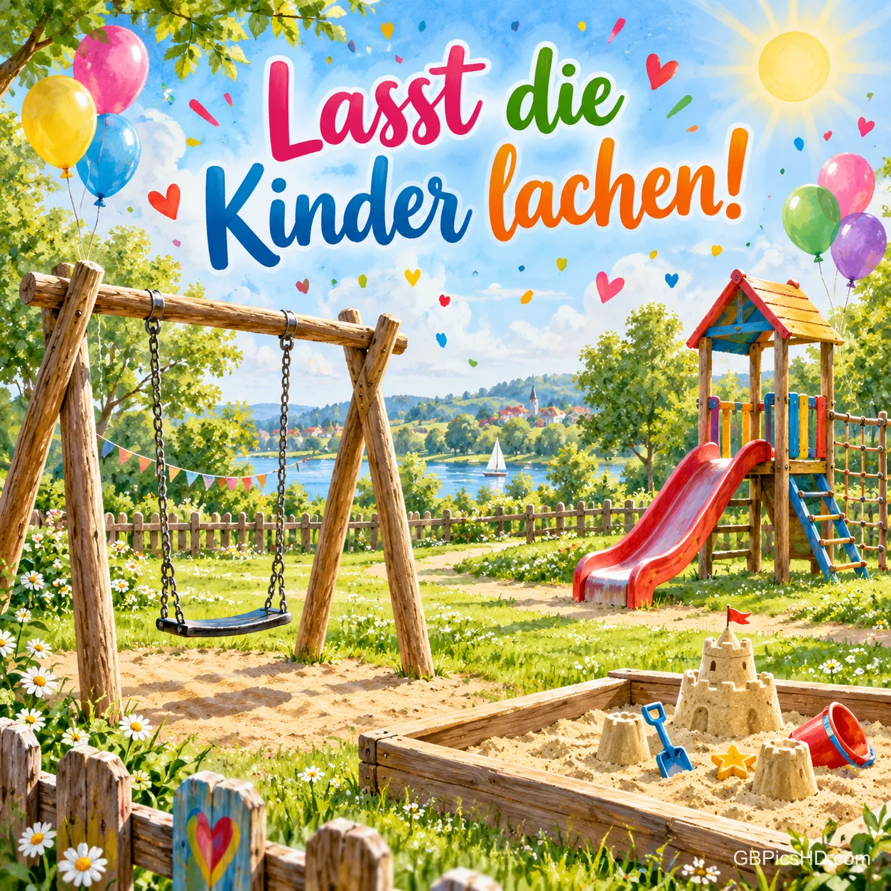 Ein sonniger Spielplatz mit Schaukel, Rutsche und Sandkasten, bunten Luftballons und Konfetti, darüber "Lasst die Kinder lachen!". Ein sonniger Spielplatz mit Schaukel, Rutsche und Sandkasten, bunten Luftballons und Konfetti, darüber "Lasst die Kinder lachen!".