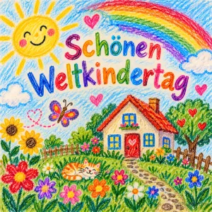 Eine Kinderzeichnung im Wachsmalstil mit lachender Sonne, Regenbogen, Häuschen und Blumen und dem Gruß "Schönen Weltkindertag".