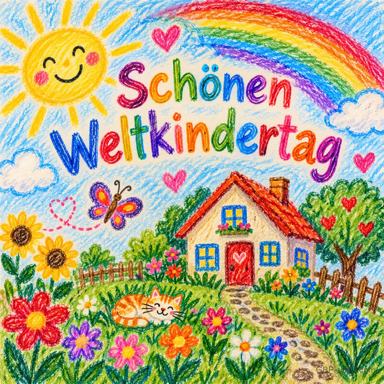 Eine Kinderzeichnung im Wachsmalstil mit lachender Sonne, Regenbogen, Häuschen und Blumen und dem Gruß "Schönen Weltkindertag". Eine Kinderzeichnung im Wachsmalstil mit lachender Sonne, Regenbogen, Häuschen und Blumen und dem Gruß "Schönen Weltkindertag".