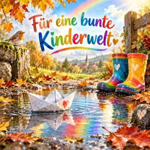 Ein Papierschiffchen schwimmt in einer Pfütze, in der sich ein Regenbogen spiegelt, daneben bunte Gummistiefel, dazu "Für eine bunte Kinderwelt".