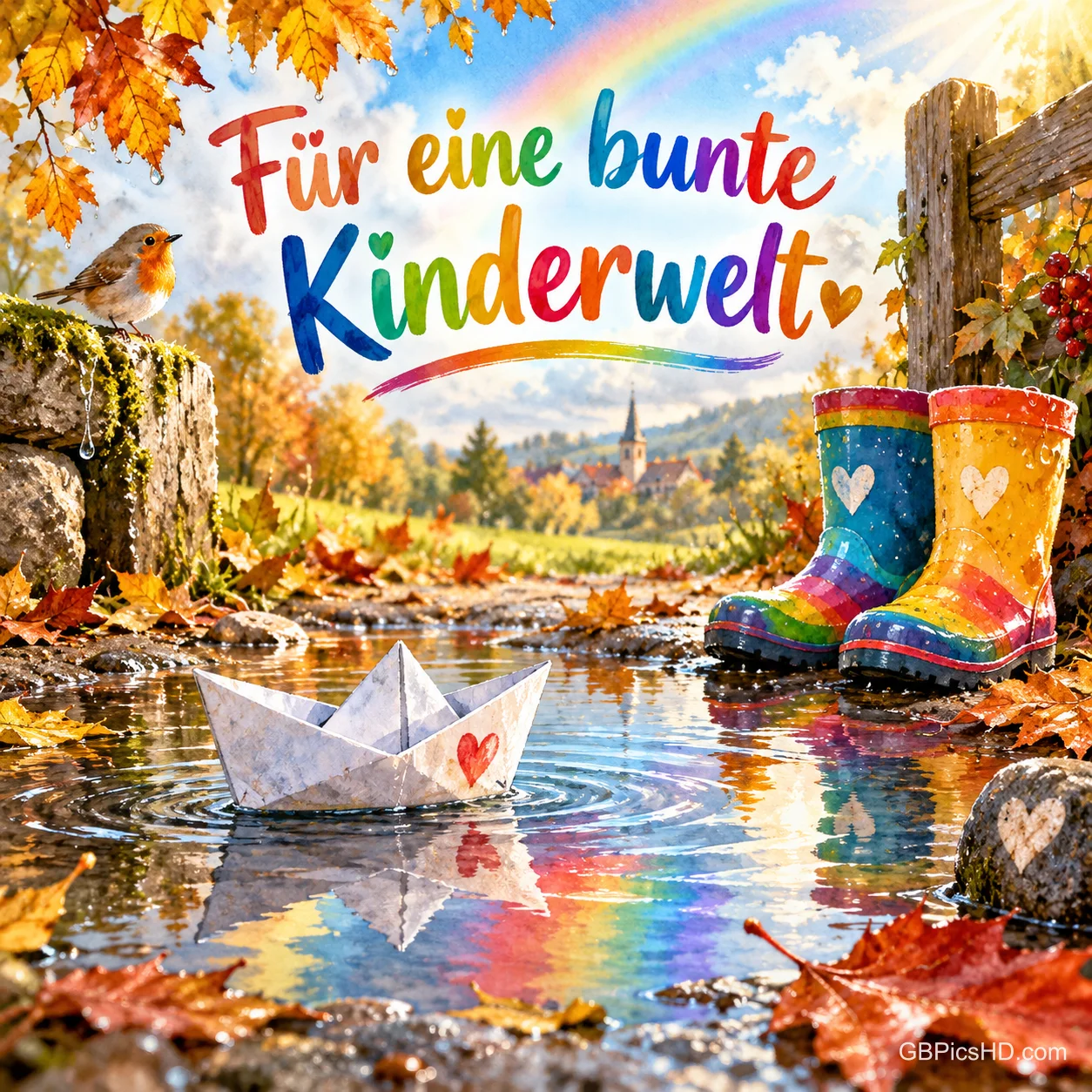 Ein Papierschiffchen schwimmt in einer Pfütze, in der sich ein Regenbogen spiegelt, daneben bunte Gummistiefel, dazu "Für eine bunte Kinderwelt". Ein Papierschiffchen schwimmt in einer Pfütze, in der sich ein Regenbogen spiegelt, daneben bunte Gummistiefel, dazu "Für eine bunte Kinderwelt".
