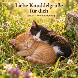 Ein rotgetigertes und ein schwarz-weißes Kätzchen schlafen eng aneinandergekuschelt im Gras, Schrift "Liebe Knuddelgrüße für dich"