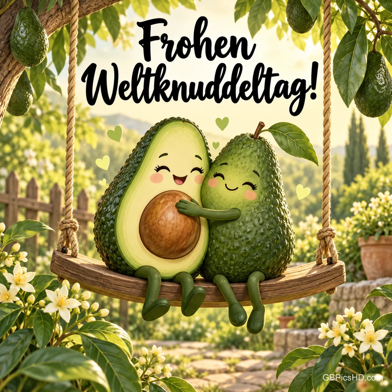 Zwei lachende Avocados umarmen sich auf einer Holzschaukel im Garten, Schrift "Frohen Weltknuddeltag!" Zwei lachende Avocados umarmen sich auf einer Holzschaukel im Garten, Schrift "Frohen Weltknuddeltag!"