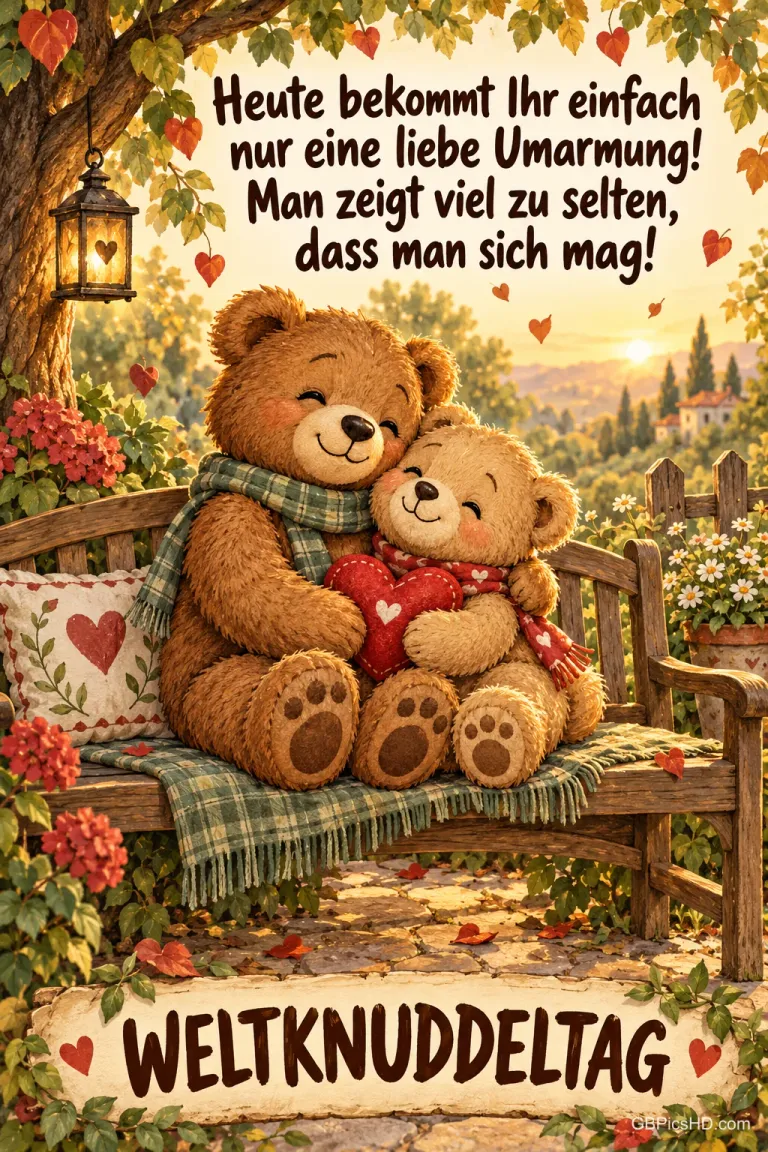 Zwei Teddybären mit Schal und Herz kuscheln auf einer Gartenbank, Schrift "Heute bekommt Ihr einfach nur eine liebe Umarmung!"