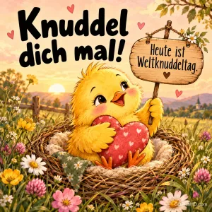 Ein Küken hält im Nest ein Herz und ein Holzschild, Schrift "Knuddel dich mal!" und "Heute ist Weltknuddeltag."