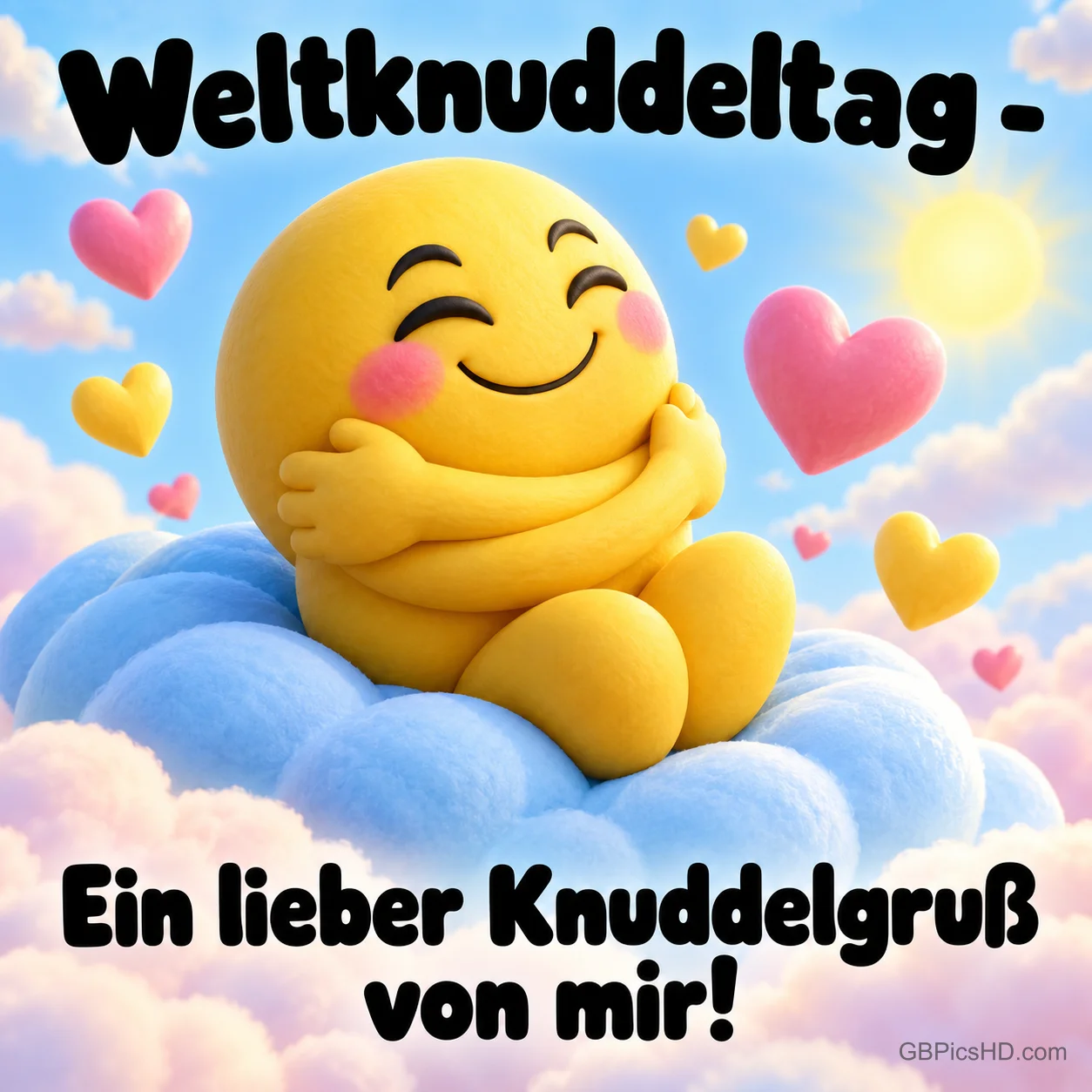 Ein gelber Smiley umarmt sich selbst auf einer Wolke zwischen bunten Herzen, Schrift "Weltknuddeltag - Ein lieber Knuddelgruß von mir!" Ein gelber Smiley umarmt sich selbst auf einer Wolke zwischen bunten Herzen, Schrift "Weltknuddeltag - Ein lieber Knuddelgruß von mir!"