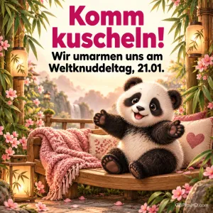 Kleiner Panda breitet auf einem gemütlichen Sofa im Bambusgarten die Arme aus, Schrift "Komm kuscheln! Wir umarmen uns am Weltknuddeltag, 21.01."