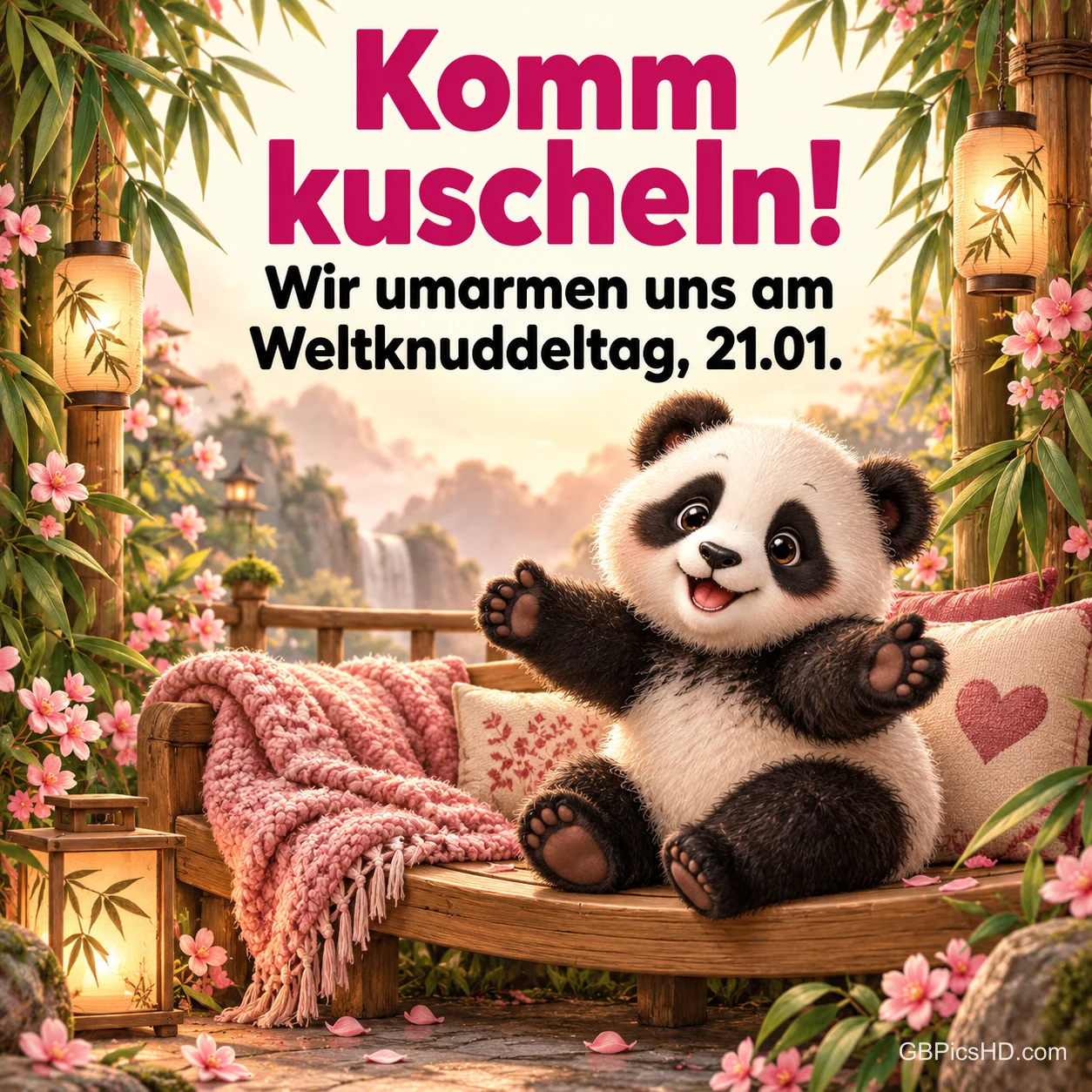 Kleiner Panda breitet auf einem gemütlichen Sofa im Bambusgarten die Arme aus, Schrift "Komm kuscheln! Wir umarmen uns am Weltknuddeltag, 21.01." Kleiner Panda breitet auf einem gemütlichen Sofa im Bambusgarten die Arme aus, Schrift "Komm kuscheln! Wir umarmen uns am Weltknuddeltag, 21.01."