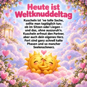 Zwei Sonnen umarmen sich auf rosa Wolken zwischen Herzen und Blüten, Schrift "Heute ist Weltknuddeltag" mit einem Kuschelgedicht