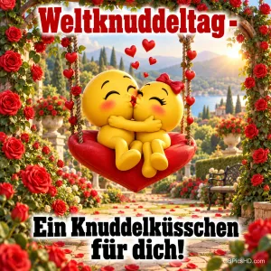 Zwei verliebte Smileys küssen sich auf einer herzförmigen Schaukel in einem Rosengarten, dazu der Gruß "Weltknuddeltag – Ein Knuddelküsschen für dich!".