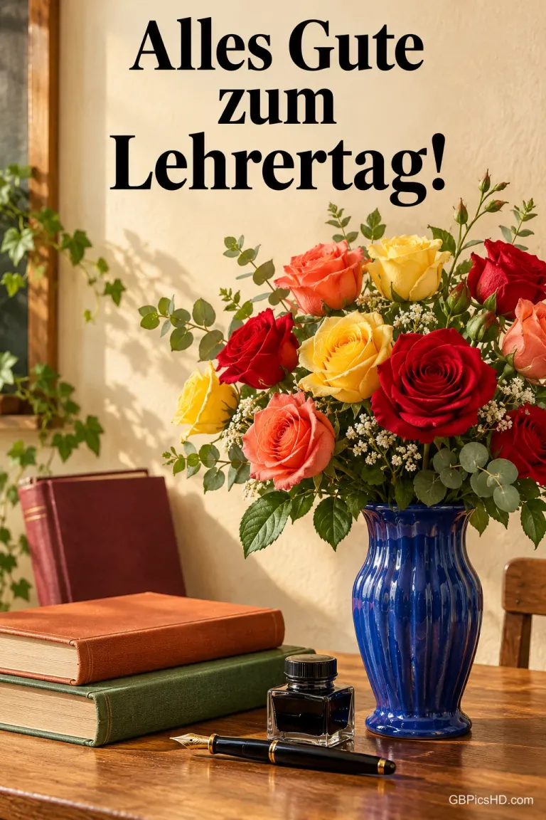 Strauß aus bunten Rosen in einer blauen Vase auf einem Holzpult, daneben alte Bücher, ein Tintenfass und ein Füllfederhalter im Sonnenlicht